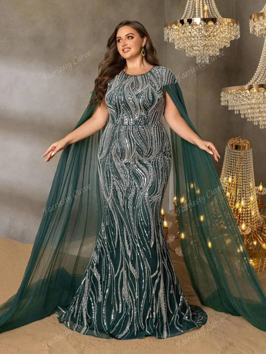 Robe de sorée émeraude perlée et paillétéé avec manche